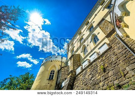 Scenic View At Colorful Closeup Details Of Famous Trakoscan Castle, Popular Tourist Resort In Zagorj