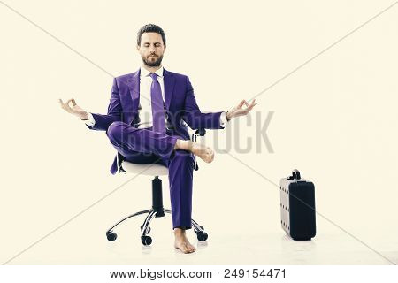Businessman Gets Rid Of Stress And Relaxing After Hard Working Day. Man In Suit Or Businessman Sit O
