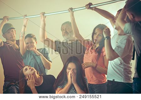 Smell Of Sweat. Sweaty Armpits. Man In Bus Or Public Transport. The Unhappy People Near Man. Hyperhi