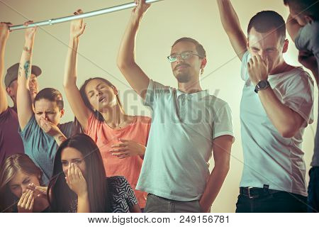 Smell Of Sweat. Sweaty Armpits. Man In Bus Or Public Transport. The Unhappy People Near Man. Hyperhi