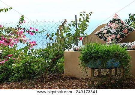 A Seating Area Made Comfortable With Cushions In The Garden.