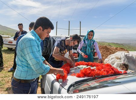 Lorestan Province, Iran - April 1, 2018: Iranian People Decorate Car For Wedding Ceremony In The Vil