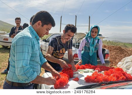 Lorestan Province, Iran - April 1, 2018: Iranian People Decorate Car For Wedding Ceremony In The Vil