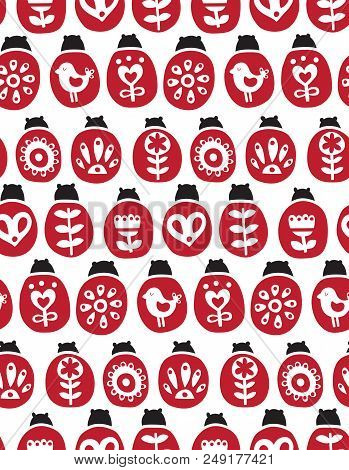 Vector Seamless Pattern With Ladybugs In Scandinavian Folr Style