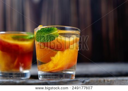 Delicious And Cold Peach Cocktail With Copyspace