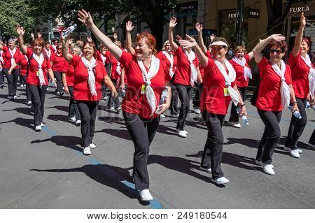 Prague, Czech Republic - July 1, 2018: Women Parading At Sokolsky Slet, A Once-every-six-years Gathe