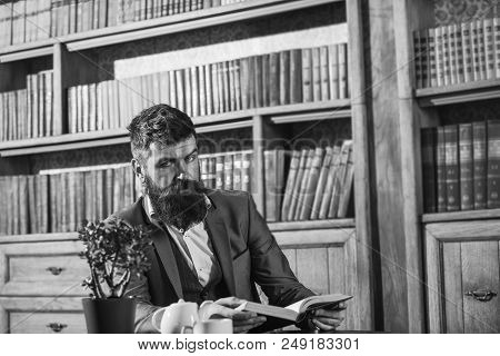 Oldfashioned Man Near Cup With Tea. Aristocratic Traditions Concept. Aristocrat On Strict Face Readi