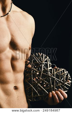 Guys Abs And Strong Chest. Male With Naked Torso Isolated On Black Background. Sports, Bodybuilding,