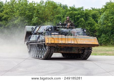 Feldkirchen / Germany - June 9, 2018: German Tank Dozer Dachs Drives On A Road At Day Of The Bundesw