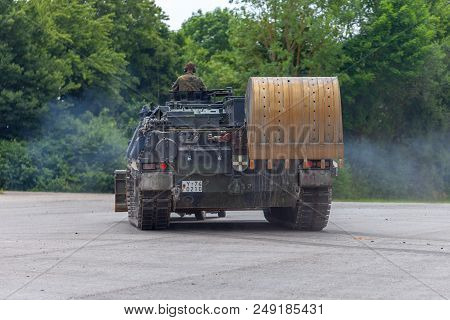 Feldkirchen / Germany - June 9, 2018: German Tank Dozer Dachs Drives On A Road At Day Of The Bundesw
