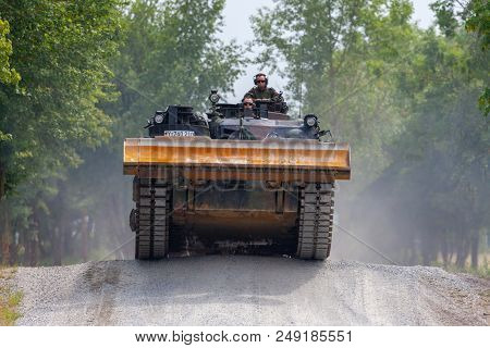 Feldkirchen / Germany - June 9, 2018: German Tank Dozer Dachs Drives On A Road At Day Of The Bundesw