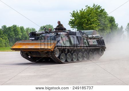 Feldkirchen / Germany - June 9, 2018: German Tank Dozer Dachs Drives On A Road At Day Of The Bundesw