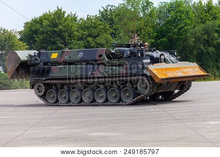 Feldkirchen / Germany - June 9, 2018: German Tank Dozer Dachs Drives On A Road At Day Of The Bundesw