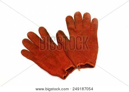 Pair Of Orange-red Working Knitted Gloves, Turned Inside Out. Stretchy Orange Hem. Bright Spot Throu