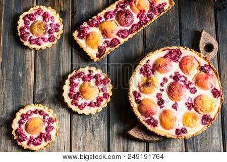 Rustic Open Pie With Peach And Raspberry, French Galette . Peach Tart. Raspberry Tart. Tartalette Wi