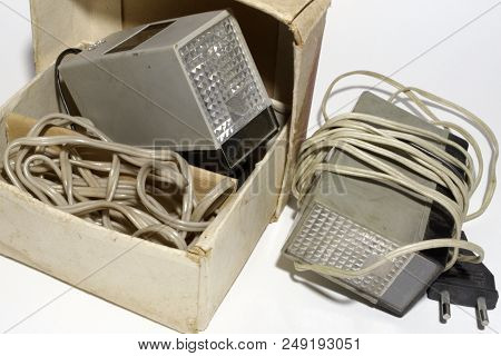 Old Impulse Flashes With Long Power Supply Cable With Plug For Connecting To 220v, In Original Cardb