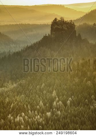 Beautiful Misty Sunrise In Toned Picture . Autumn Hilly Landscape Covered With Shinning Fog.  Sharp 