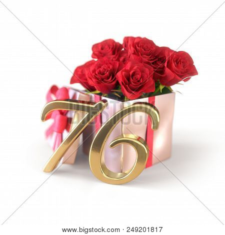 Birthday Concept With Red Roses In Gift Isolated On White Background. 3d Render - Seventy-sixth. 76t