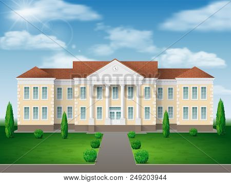 Front View Of Administrative, Governmental, School Or College Building. Traditional Classic Architec