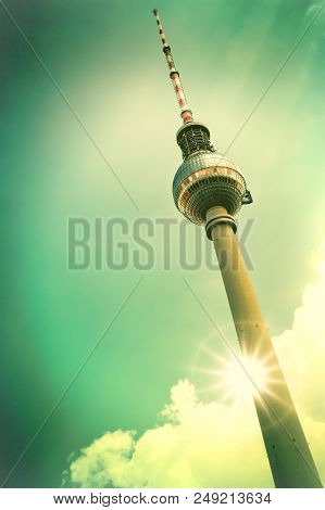 Berlin, Germany, May 25, 2015:  Tv Tower In Berlin With Patches Of Sunlight, Sunflare. Germany.
