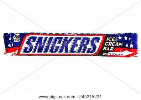 Lake Forest, CA- July 12, 2018: Snickers ice cream bar. isolated on white. room for text. Snickers Frozen Ice Cream Bar package with American Flag for the 4th of July Celebration. 