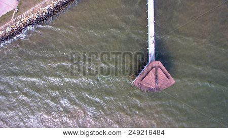 Aerial View Of The Wooden Pier Or Jetty With Hut At Esplanade In Sipitang Town,sabah Borneo,malaysia