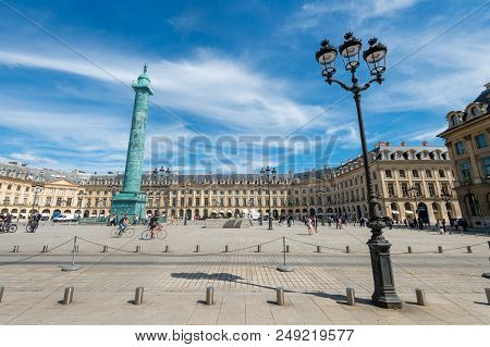 Paris, France - 23 June 2018: Wide Angle View Of Place Vendome Square With Blue Sky.
