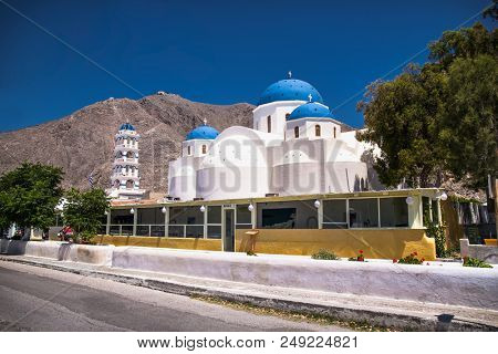 Permissa church near black sand beach in Santorini. Greece. 