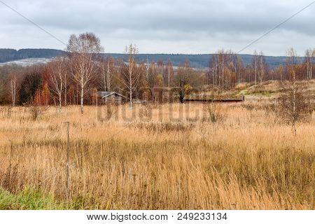 Wooden House Standing In A Thicket. Autumn Landscape.