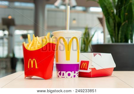 Moscow, Russia, March 15 2018: McDonald's Big Mac hamburger menu, French Fries and Coca Cola