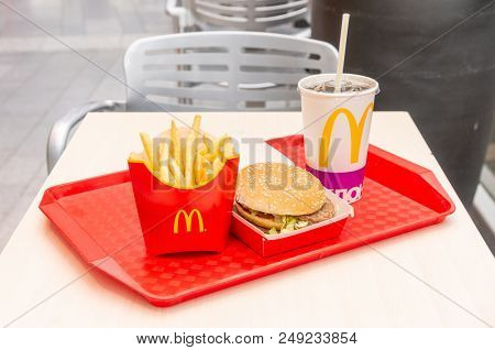 Moscow, Russia, March 15 2018: McDonald's Big Mac hamburger menu, French Fries and Coca Cola
