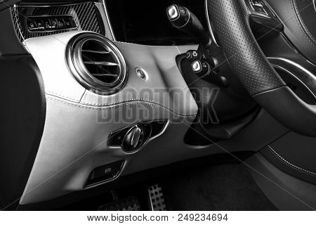 Ac Ventilation Deck In Luxury Modern Car Interior. Modern Car Interior Details With Leather Stitchin