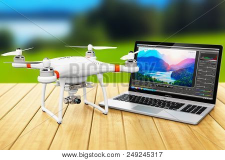 3d Render Illustration Of The Black Professional Quadcopter Drone And Laptop Of Notebook Computer Pc