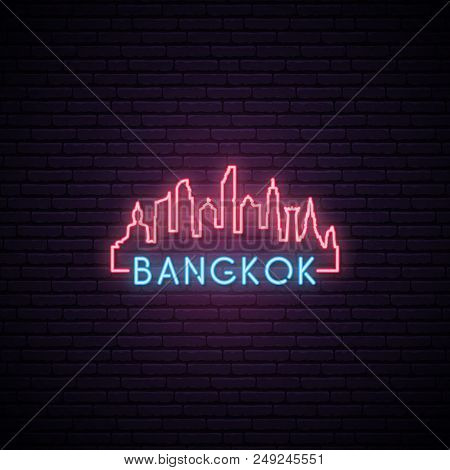 Concept Neon Skyline Of Bangkok City. Bright Bangkok Banner. Vector Illustration.