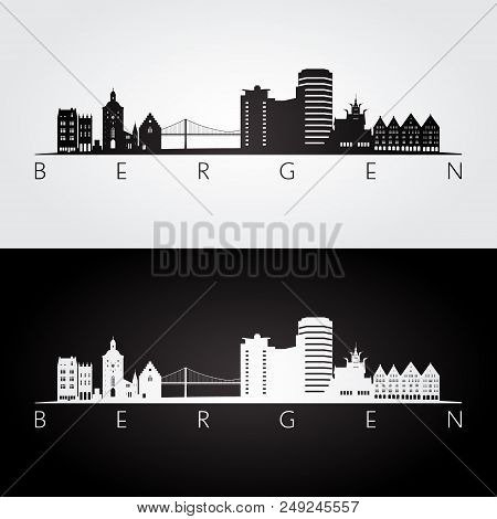 Bergen Skyline And Landmarks Silhouette, Black And White Design, Vector Illustration.