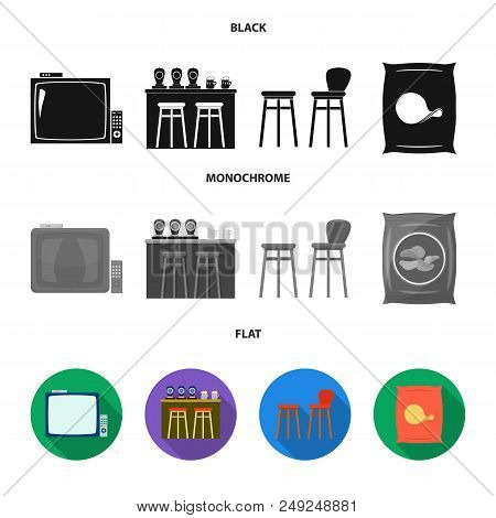 Tv, Bar Counter, Chairs And Armchairs, Potato Chips. Pub Set Collection Icons In Black, Flat, Monoch