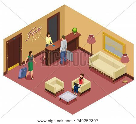 Isometric Hotel Reception Template With Receptionist Visitors Sofa Chairs Table Elevator Lamps Pictu