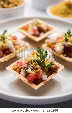 Crispy Canape Or Canapé Is A Starter Recipe From India - Round Or Square Shaped Puri Filled With Yog