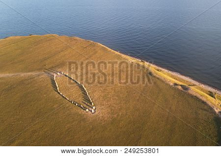 Aerial View Of The Pre-historic Stone Ship Ale Stones In Swedish Province Scania, , Near The Village