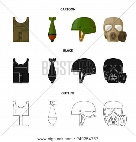 Bullet-proof Vest, Mine, Helmet, Gas Mask. Military And Army Set Collection Icons In Cartoon, Black,