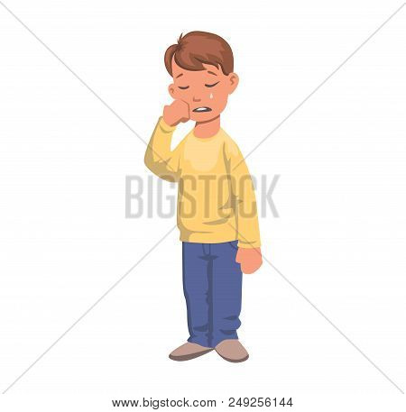 Boy In Tears, Crying Character. Upset Kid In Yellow Sweater, Fullbody. Flat Vector Illustration. Iso