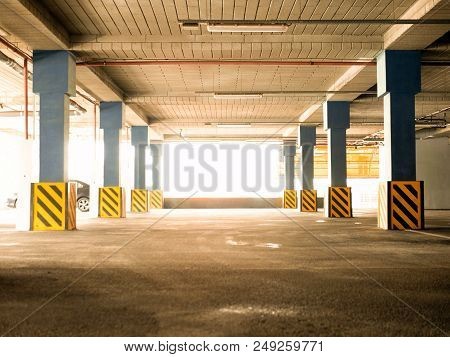 Empty Underground Parking Background With Copy Space. Economy Of Land Resourses Concept.