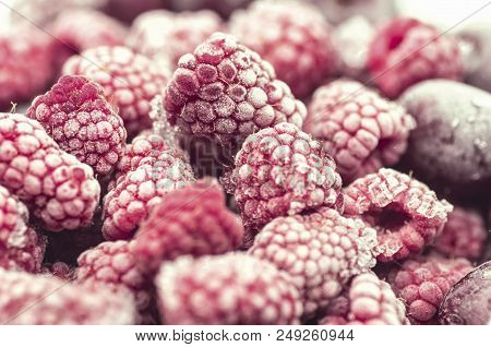 Background Of Frozen Raspberries; Macro; Shallow Depth Of Field