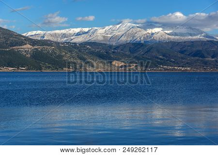 Amazing Winter Landscape Of Lake Pamvotida And Pindus Mountain From City Of Ioannina, Epirus, Greece