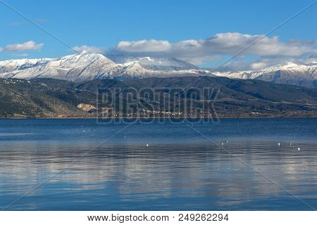 Amazing Winter Landscape Of Lake Pamvotida And Pindus Mountain From City Of Ioannina, Epirus, Greece