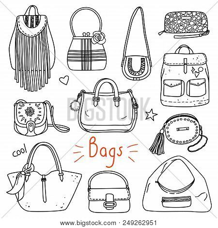 Set Of Hand Drawn Women Accessories. Bags. Fashion Collection. Black And White Doodle Illustration.