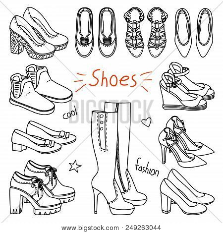 Set Of Hand Drawn Women Accessories. Shoes. Fashion Collection. Black And White Doodle Illustration.