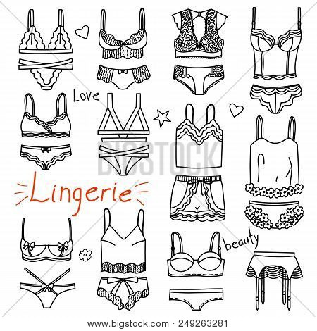 Set Of Hand Drawn Women Accessories. Lingerie. Fashion Collection. Black And White Doodle Illustrati