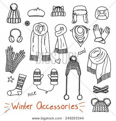 Set Of Hand Drawn Women Accessories. Winter Hats, Scarfs, Mittens And Socks. Fashion Collection. Bla