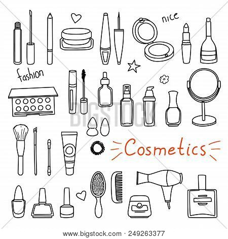 Set Of Hand Drawn Women Accessories. Cosmetics. Black And White Doodle Illustration.